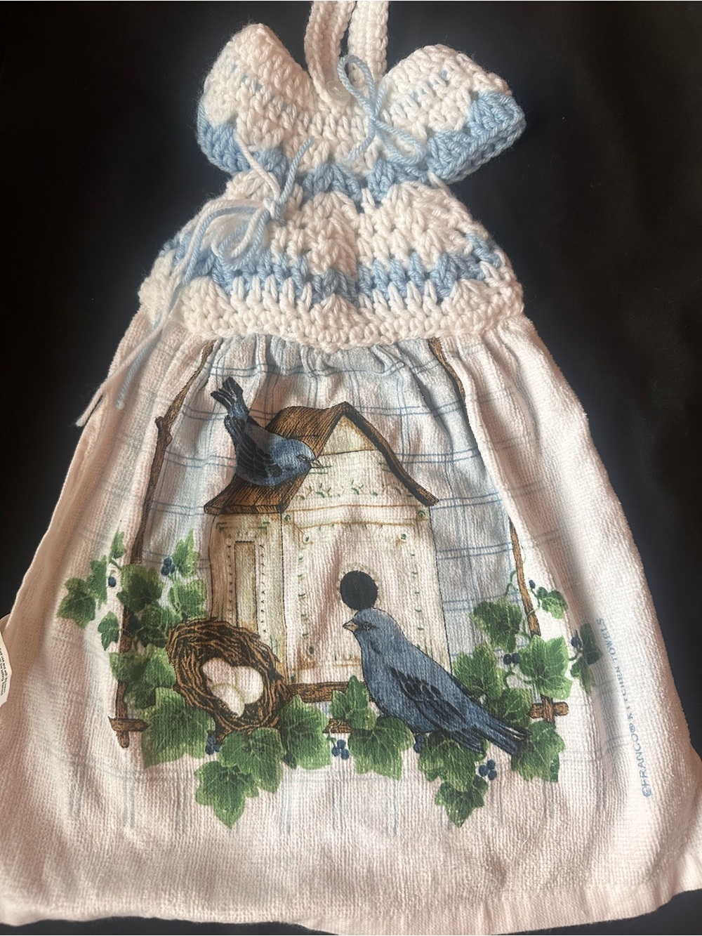 Handmade Blue & White Hanging Bird Tea Towel with Birdhouse Design